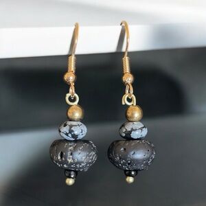 Black Lava Rock And Cristobalite Snowflake Obsidian and Gold Dangle Earrings